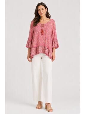 Naudic Womens Floral Hacienda Tunic Blouse Bell Sleeve Ruffled Size L Pink NWT